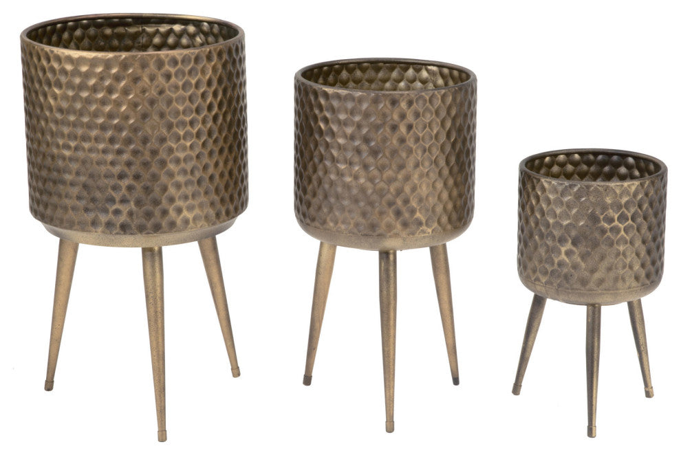 Textured Metal Bins/Plant Buckets, Set of 3, Burnished Gold