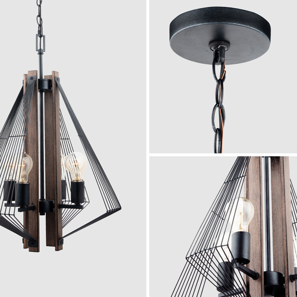 4 Light Black Wood Pendant