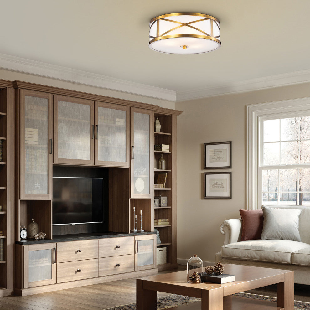 Novia Glass Drum Shade Flush Mount Metallic Goldtone Metal 'X' Frame