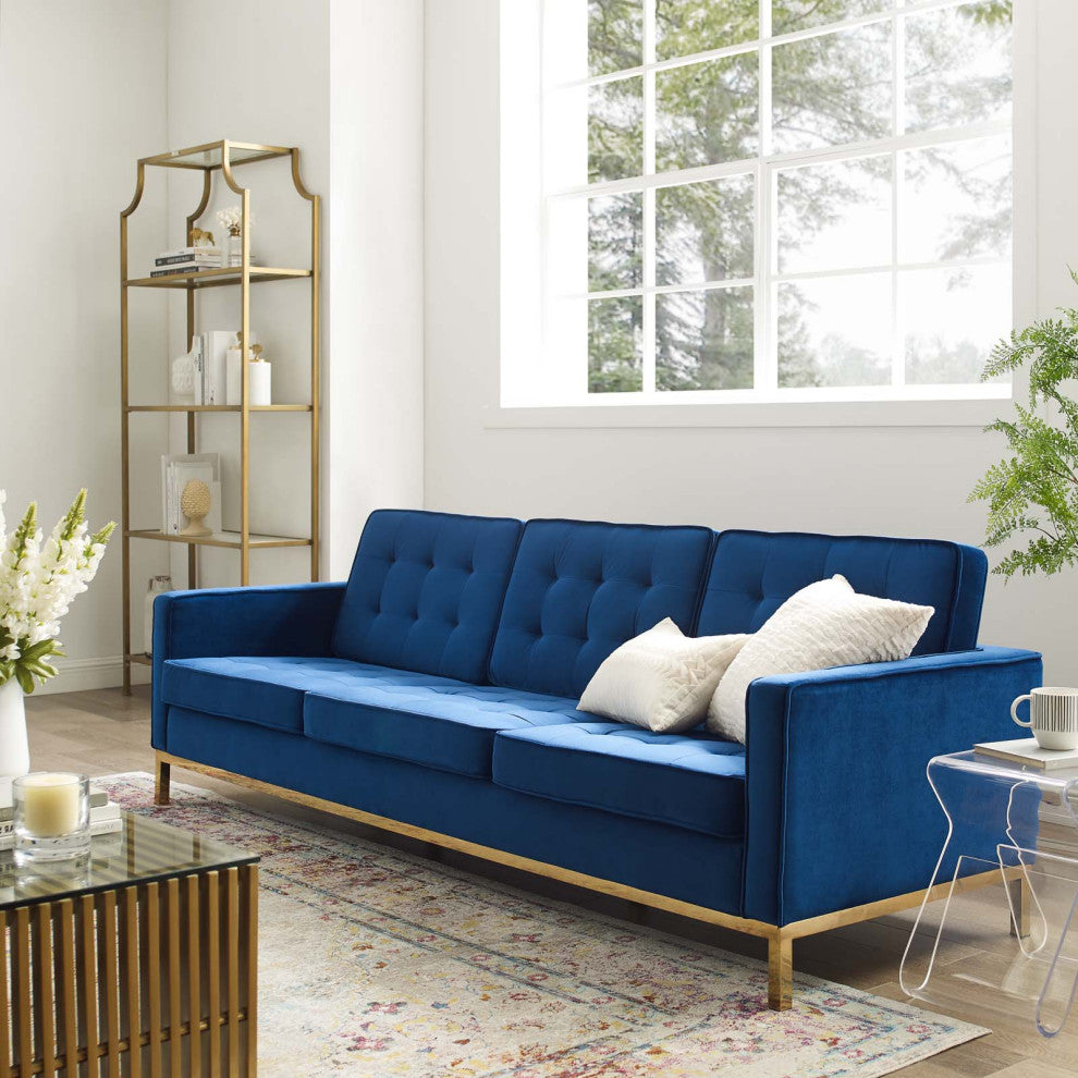 Modern Designer Lounge Sofa, Velvet Fabric Metal Steel, Gold Blue Navy