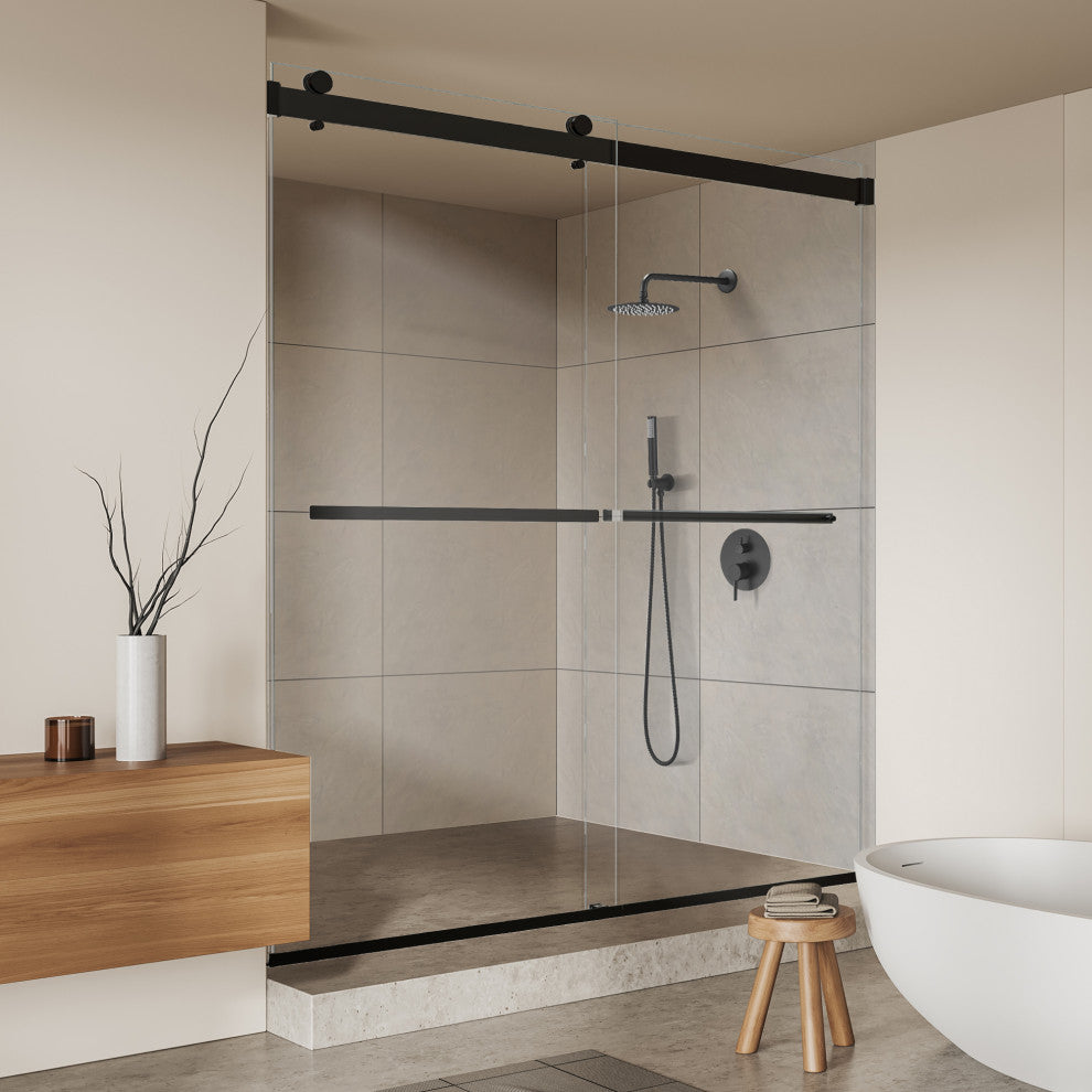 Marcelo By Pass Frameless Shower Door, Clear Glass, Matte Black, 64"wx76"h