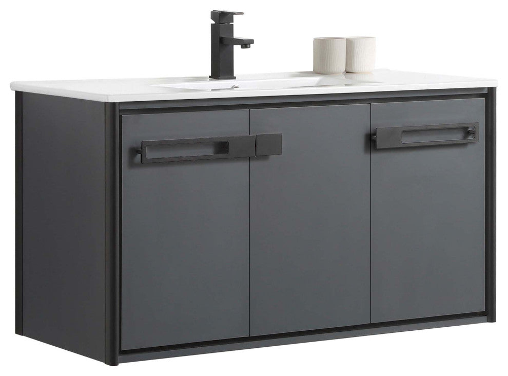Oakville Wall Mount Bathroom Vanity, Onix Grey, 42", Black Hardware