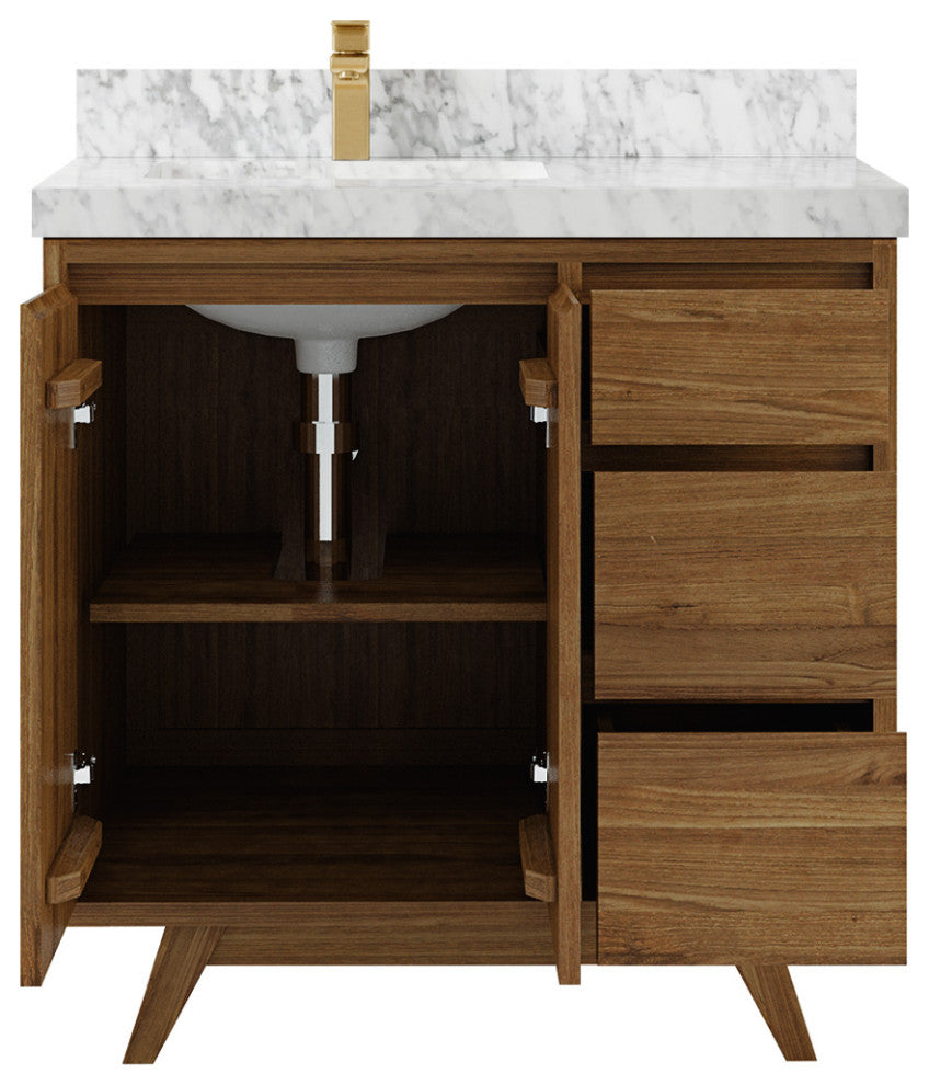 Madison Teak 36 Left Offset Bath Vanity in Dark Natural 2" Carrara Marble