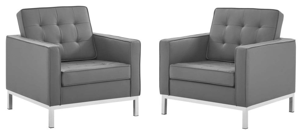 Loft Tufted Upholstered Faux Leather Armchair Set of 2-Silver Gray
