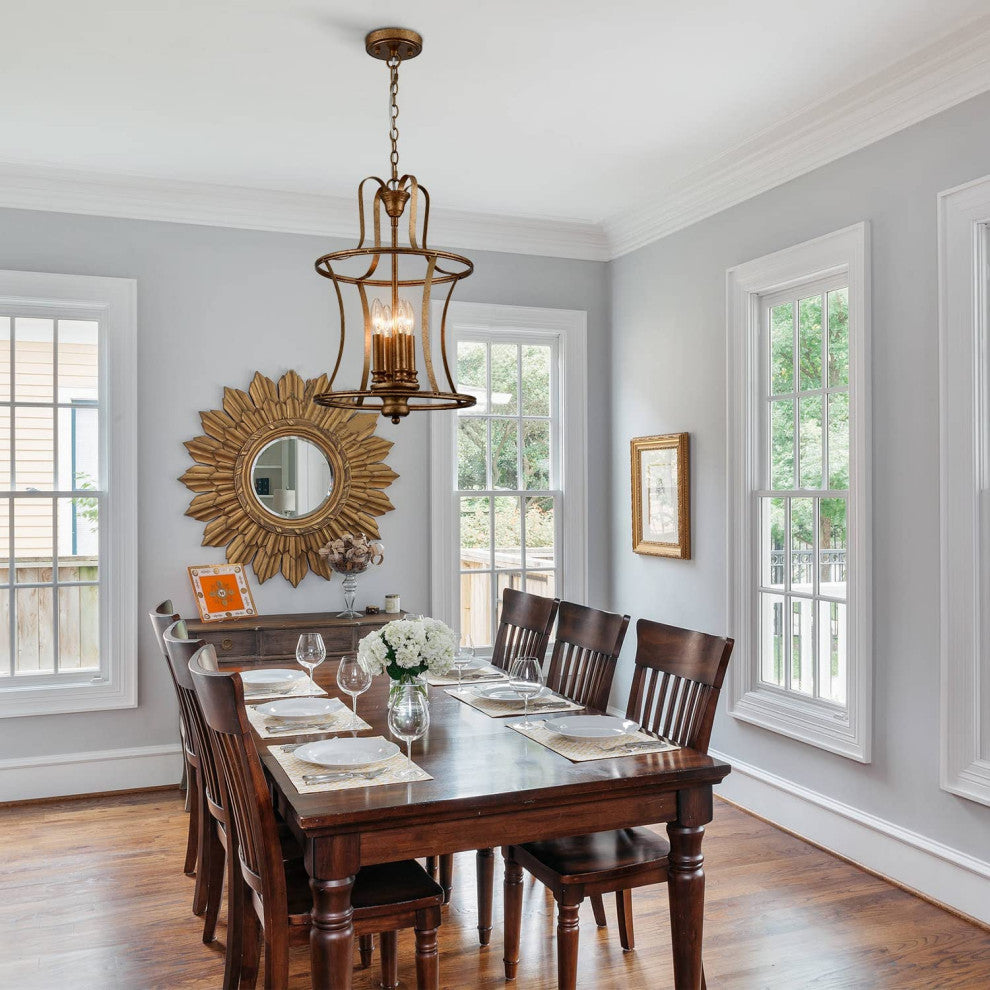 4 Light Farmhouse Chandelier Rust Cage Pendant Light