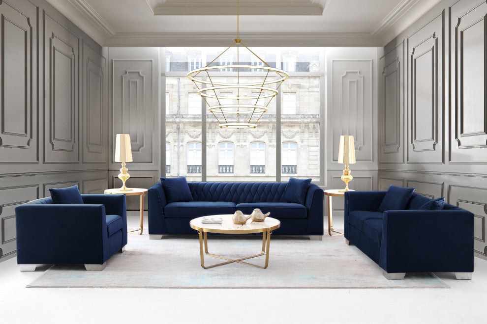 Cambridge Contemporary Sofa Chair, Brushed Stainless Steel, Blue Velvet