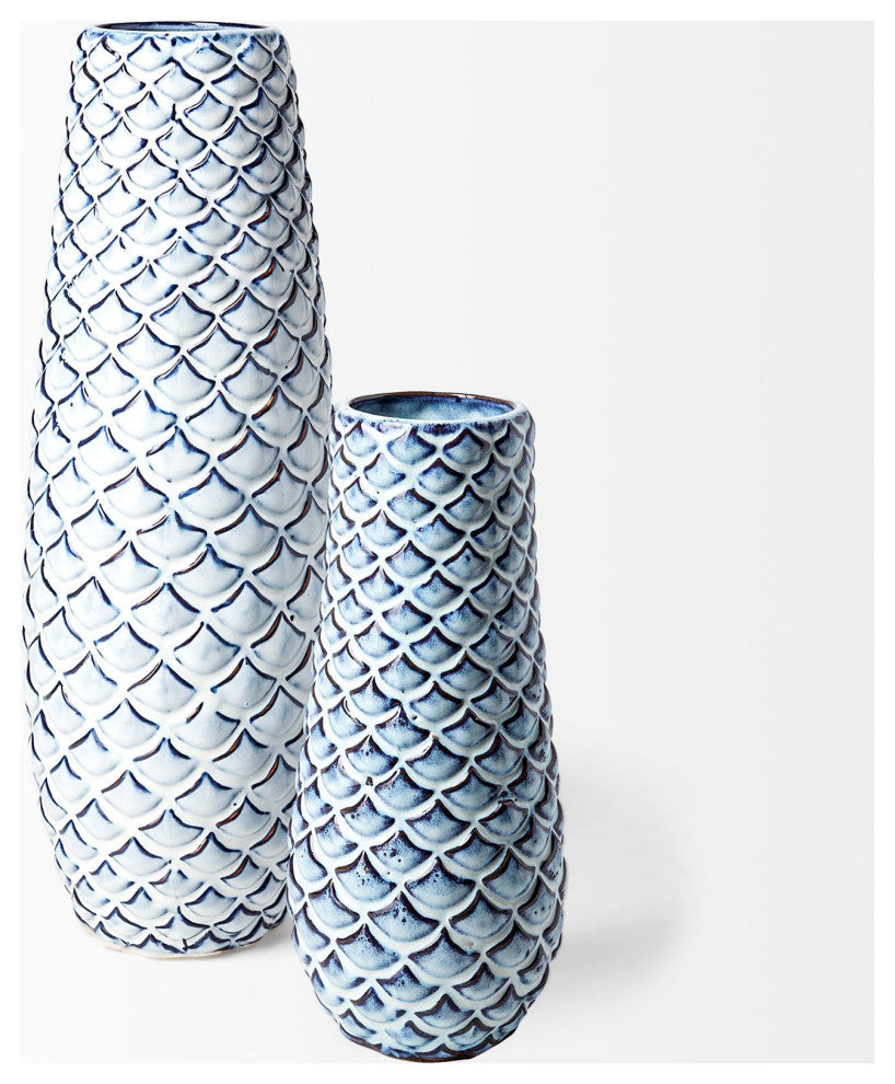 16" Aqua Blue Glaze Fishscale Pattern Ceramic Vase