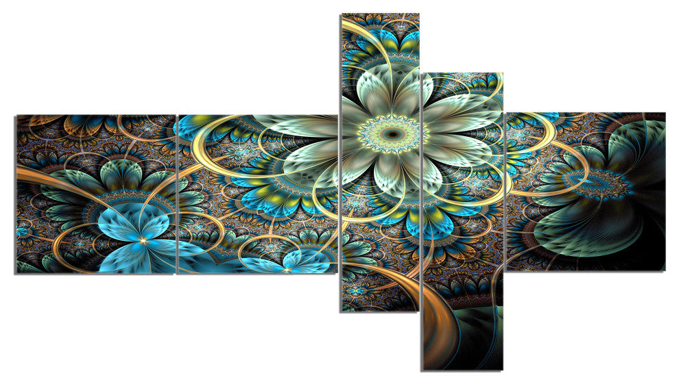 Lighted Blue Fractal Blue Flowers, Floral Art Canvas Print, 60"x32", 5 panels