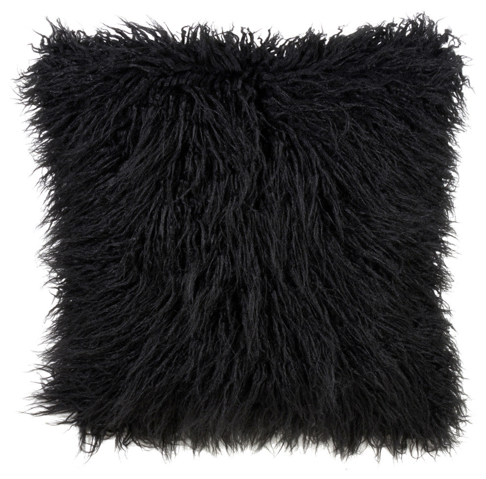 Poly Filled Mongolian Faux Fur Throw Pillow, 18"x18", Black