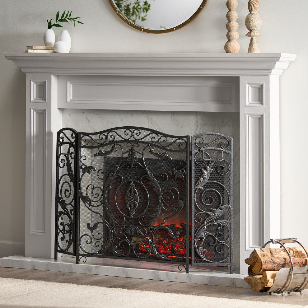 GDF Studio Mariella Floral Iron Fireplace Screen, Silver Finish