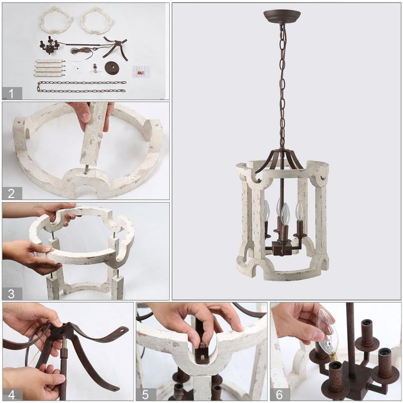 4-Light Farmhouse Chandelier, Distressed White Drum Kitchen Island Lighting