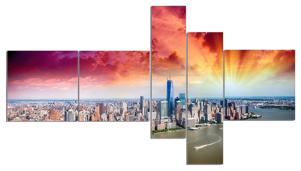 Colorful New York Skyline Aerial View, Cityscape Canvas Print, 60"x32", 5 panels