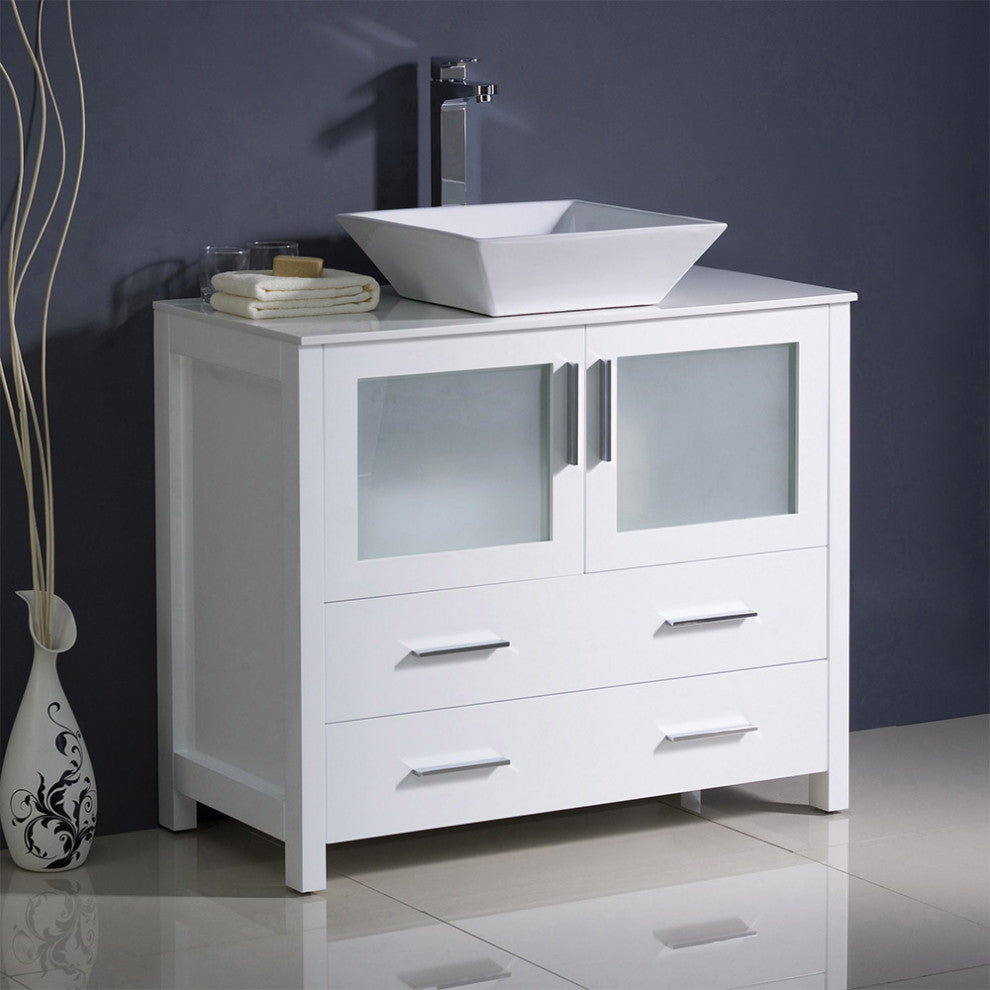 Torino 36" Bathroom Cabinet, Base: White, With Top, Vessel Sink
