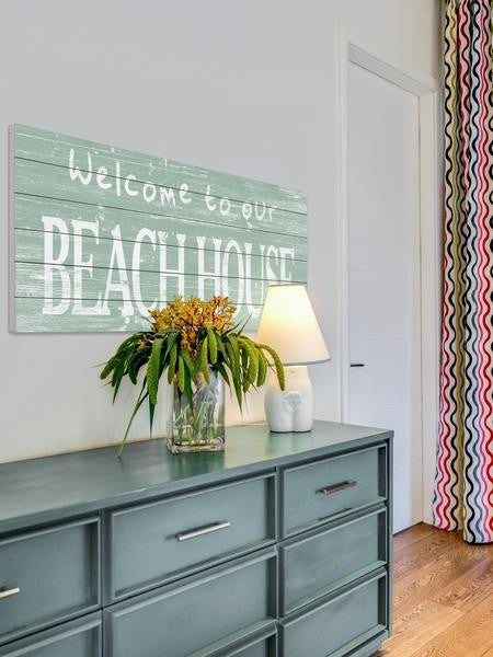 "Welcome to Our Beach II" Painting Print on White Wood, 60"x30"