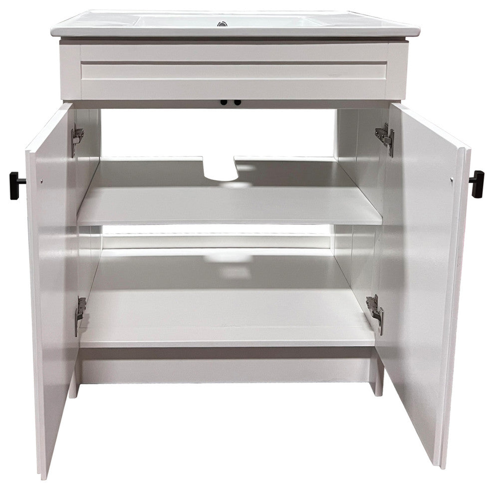 SmartFold 31" Single Sink Vanity, White With White Ceramic Top, Matte Black