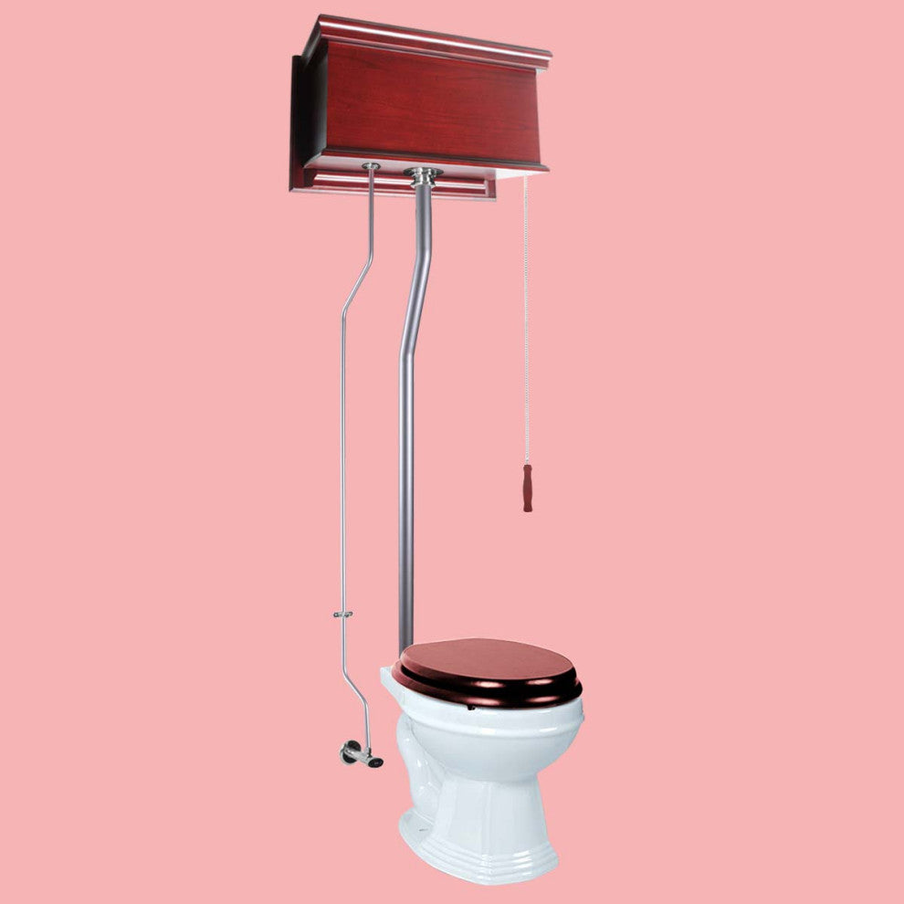 Cherry Wood Flat Panel High Tank Toilet White Round Satin Rear Entry