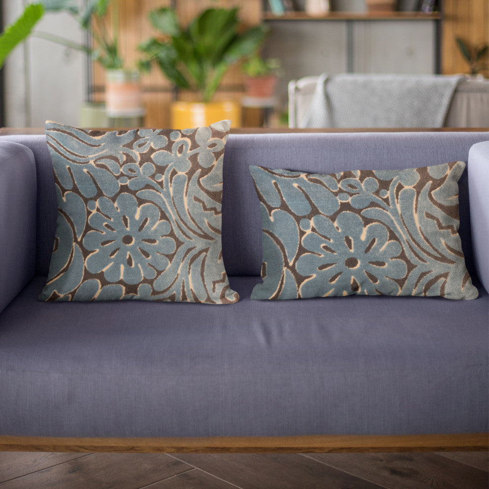 Plutus Blue Flower Velvet Paisley Luxury Throw Pillow, 20"x36"