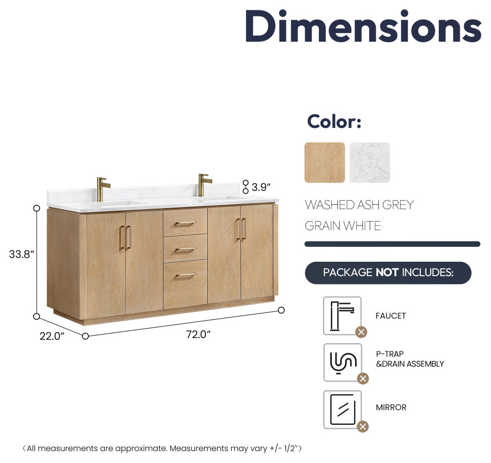 San Bath Vanity with Stone Top, Washed Ash Grey, 72", Double Vanity, No Mirror