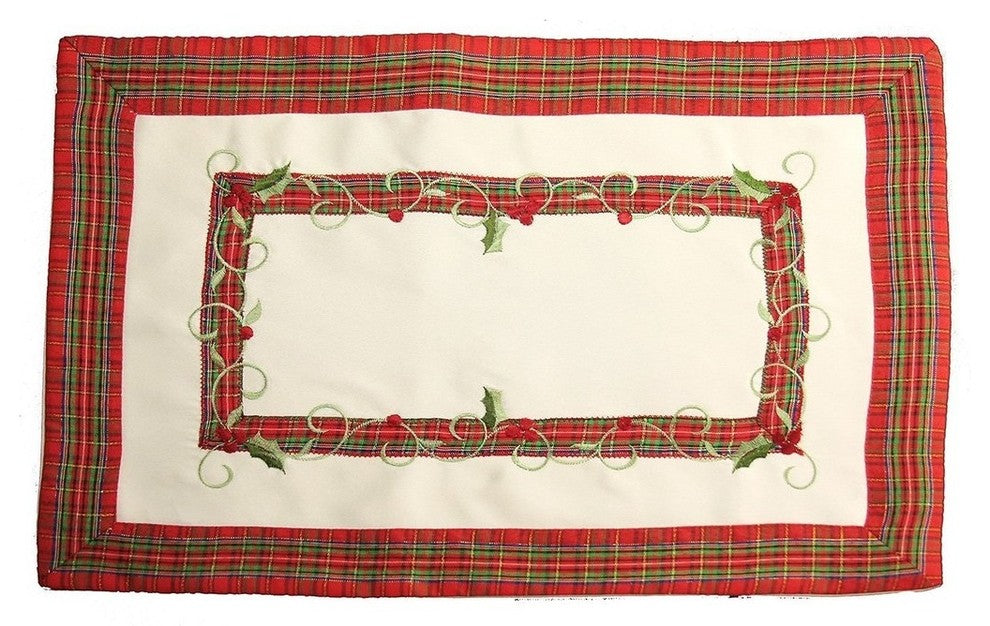 Tartan Ribbon Embroidered Christmas Placemats 14"x20", White, Set of 4