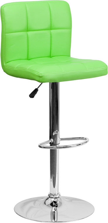 Contemporary Green Quilted Vinyl Adjustable Barstool With Chrome Base