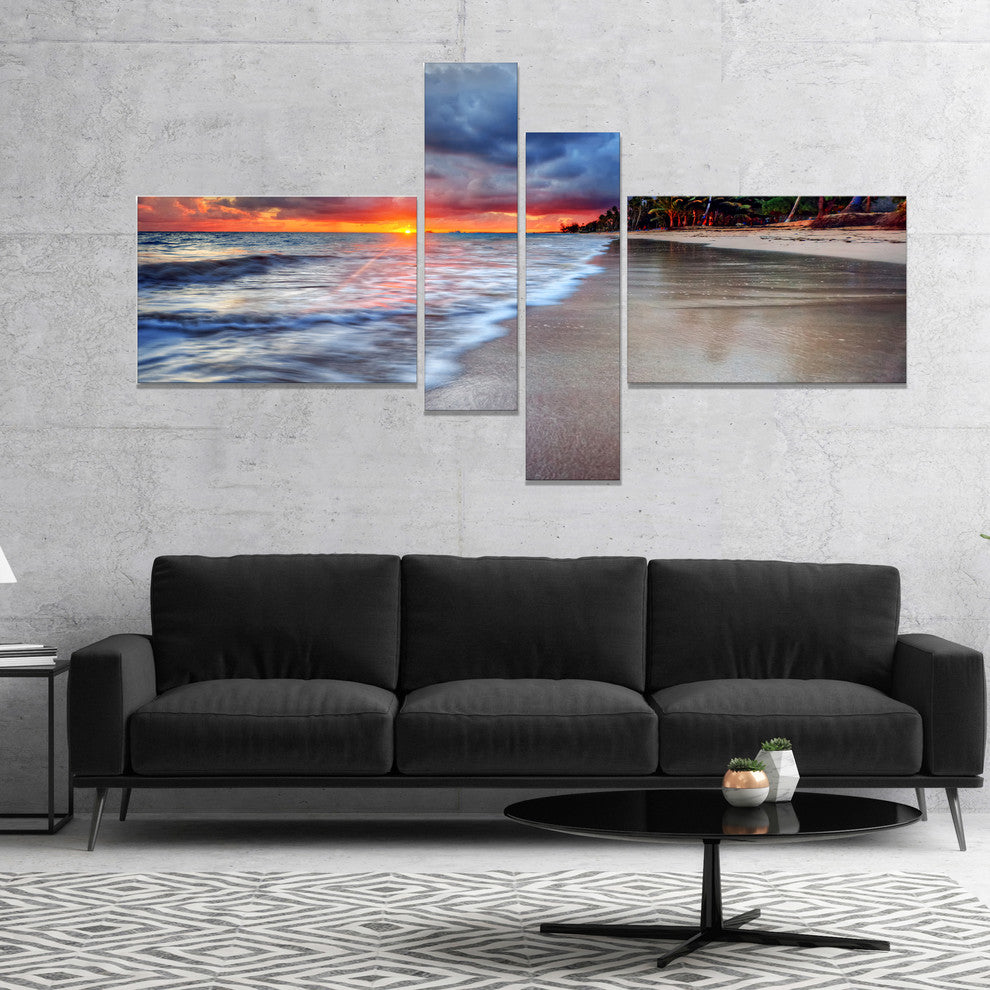 Fluffy Dark Clouds over Ocean, Seashore Canvas Art Print, 60"x32", 4 panels