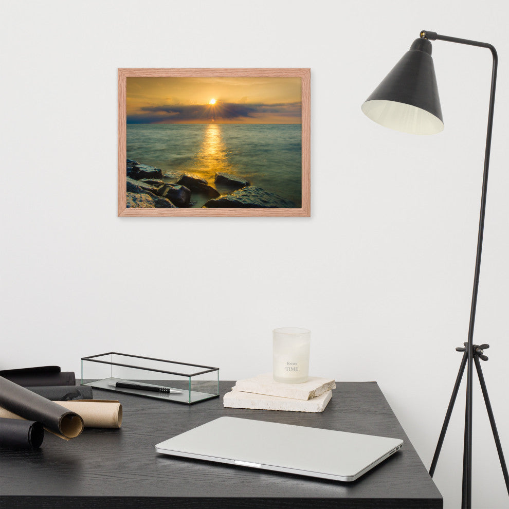 Sun Ray on the Water Coastal Landscape Framed Photo Paper Wall Art Print, White, 12" X 16"
