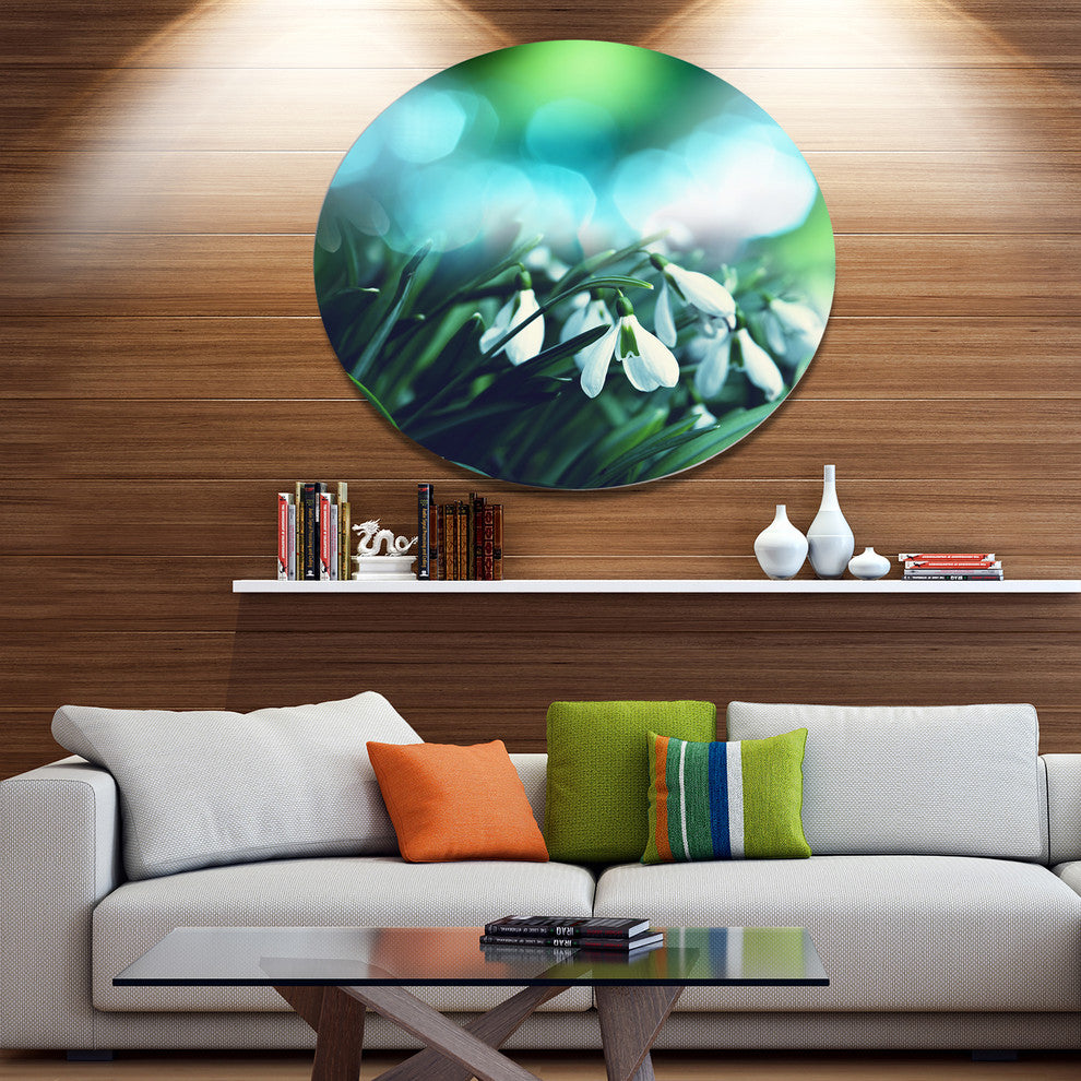 Little White Flowers On Green, Landscape Large Disc Metal Wall Art, 36"