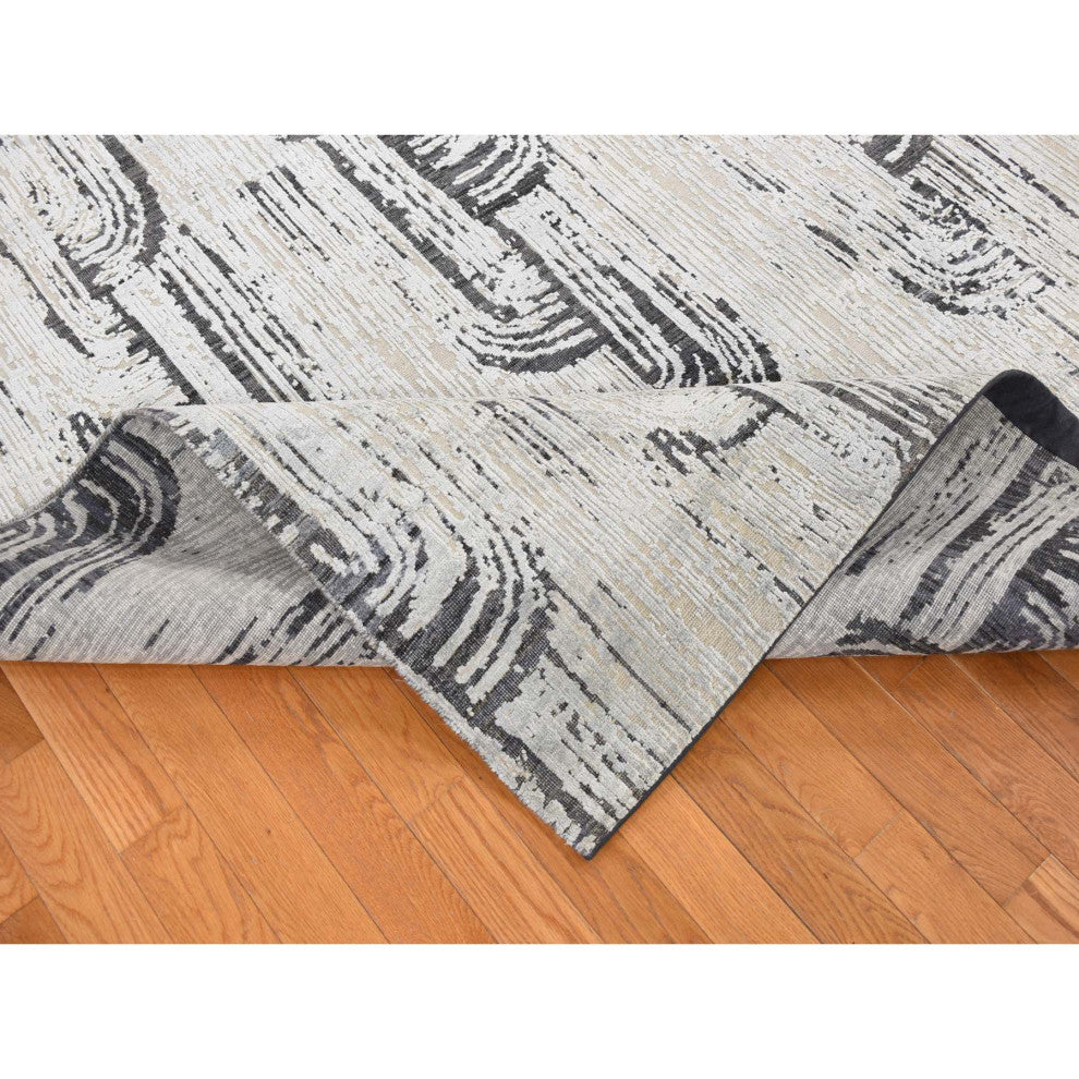 Cloud Gray, The Cane Design, Silk With Wool, Hand Knotted Rug, 10'x14'5"