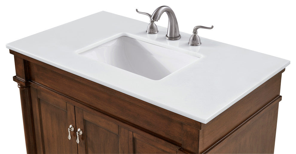 36" Single Bathroom Vanity, Walnut With Ivory White Engineered Marble