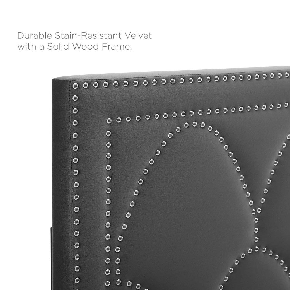 Platform Bed Frame, Nailhead, Queen Size, Charcoal Gray, Velvet, Modern