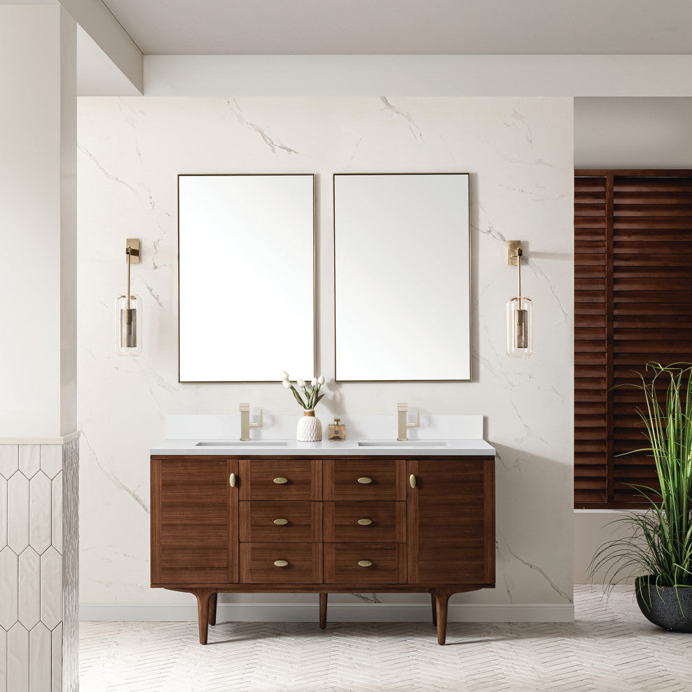 Amberly 30" Single Vanity, Mid-Century Walnut, 60", White Zeus, Single-Hole