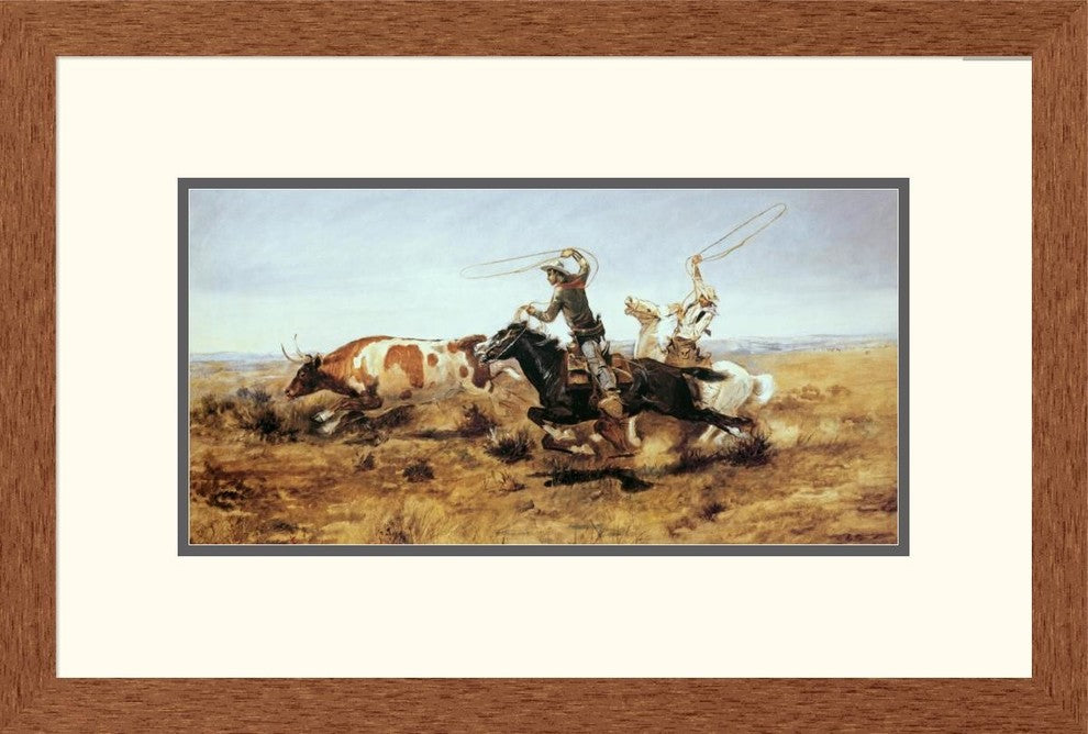 "O. H. Cowboys Roping a Steer"  by Charles M. Russell, 25x17"