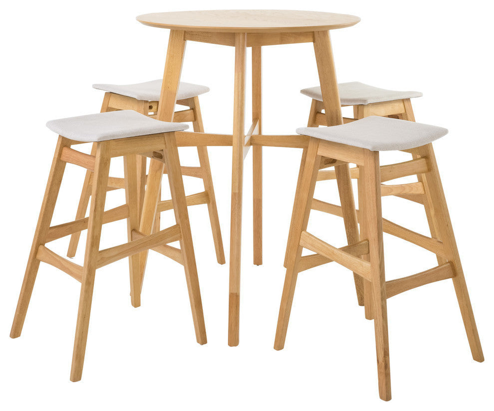 GDF Studio 5-Piece Simi Natural Oak Finish Circular Bar Height Dining Set, Light Beige