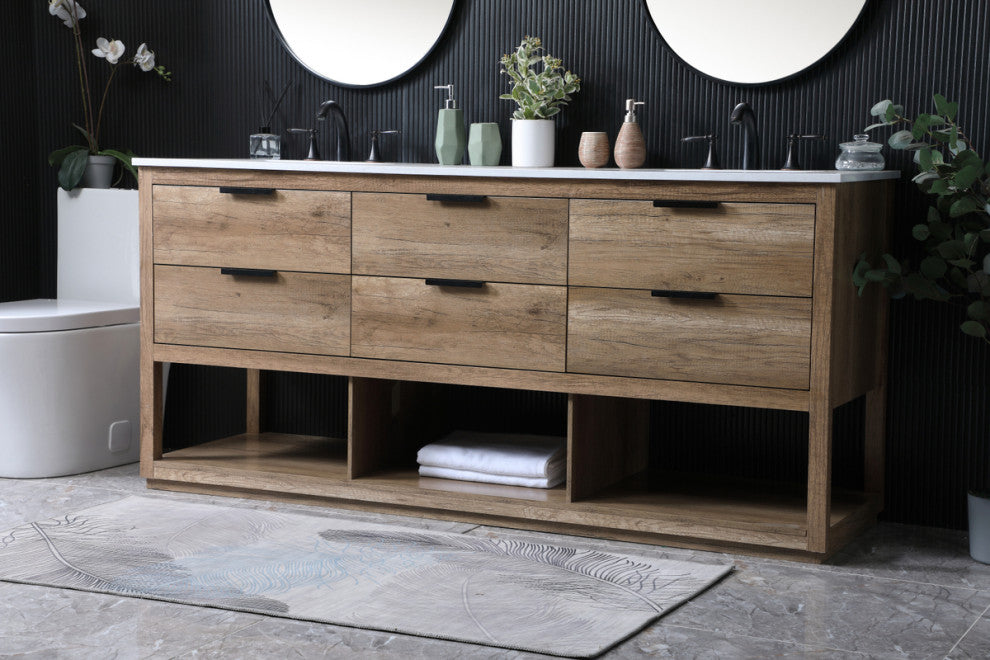 72" Double Bathroom Vanity, Natural Oak