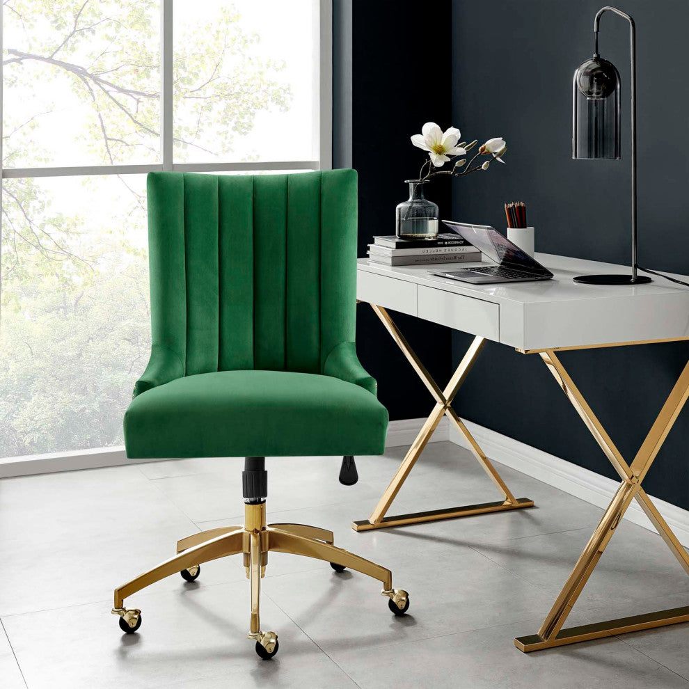 Computer Work Desk Tufted Chair, Velvet, Gold Green, Home Business Office