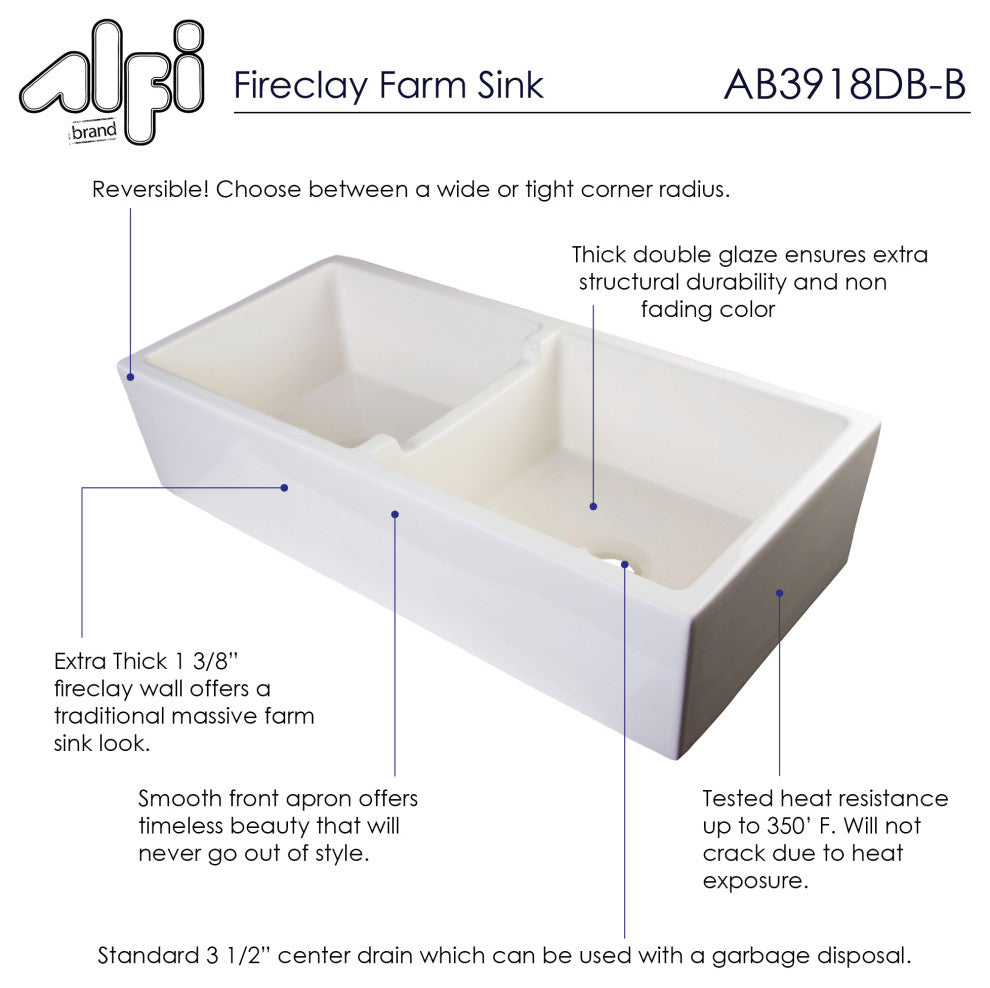 Ab3918-B 39" Biscuit Smooth Thick Wall Fireclay Double Bowl Farm Sink