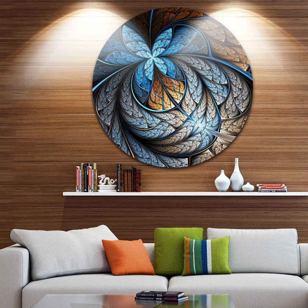 Blue Brown Fractal Flower Pattern, Floral Round Metal Wall Art, 11"