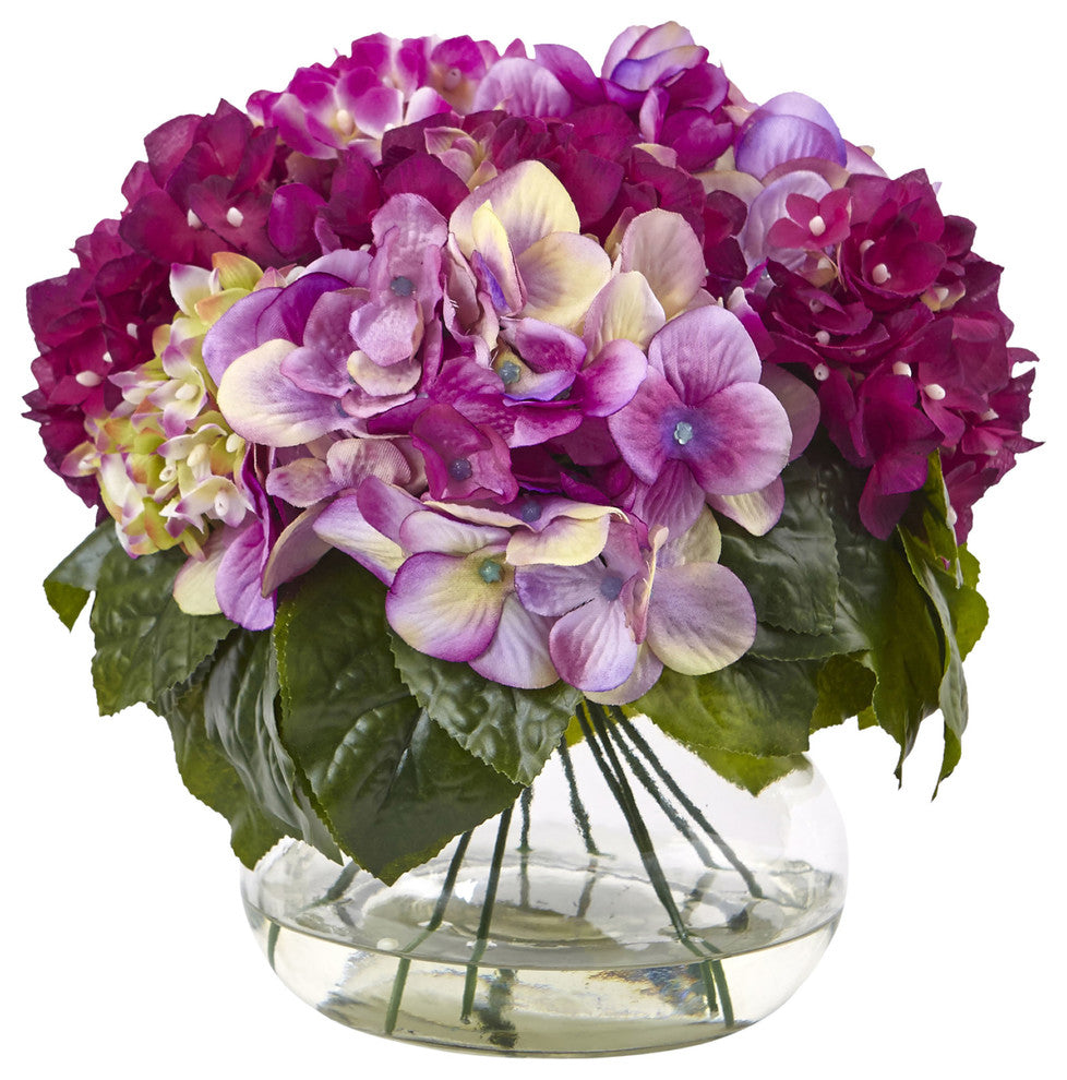 Multi-Tone Beauty Hydrangea With Round Glass Vase