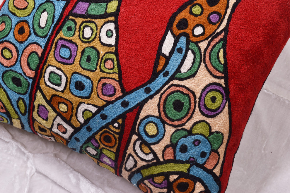 Red Cat Pillow Cover Kitty Face Cushions Wool Hand Embroidered Wool 18x18