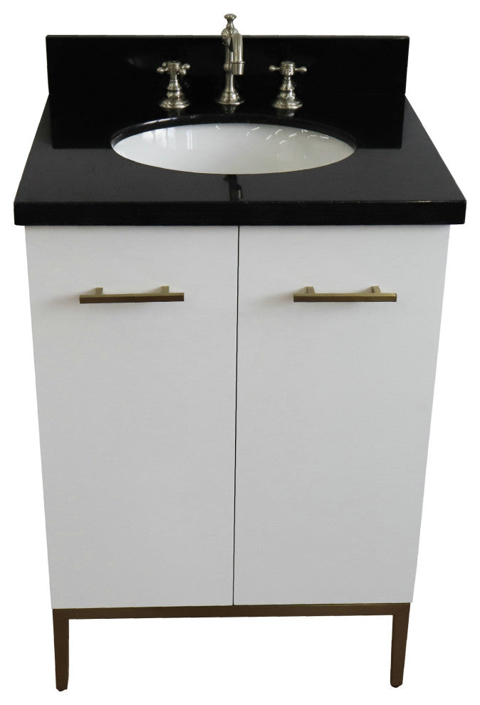 25" Single Sink Vanity, White Finish With Black Galaxy Granite And Oval Sink