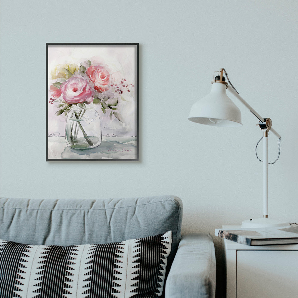 Flower Jar Pink Green Watercolor Painting, 24"x30", Black Frame