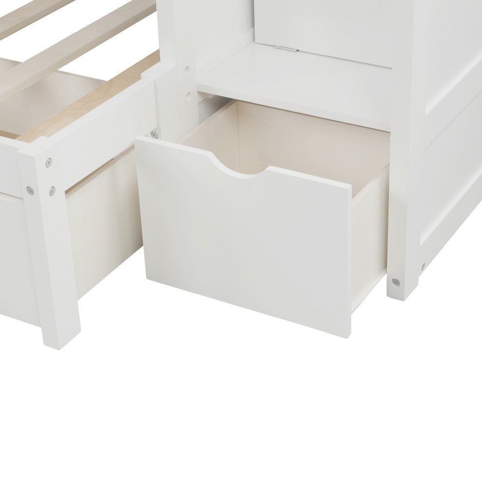 Twin over Full Bunk Bed with Storage Shelves and Drawers, White