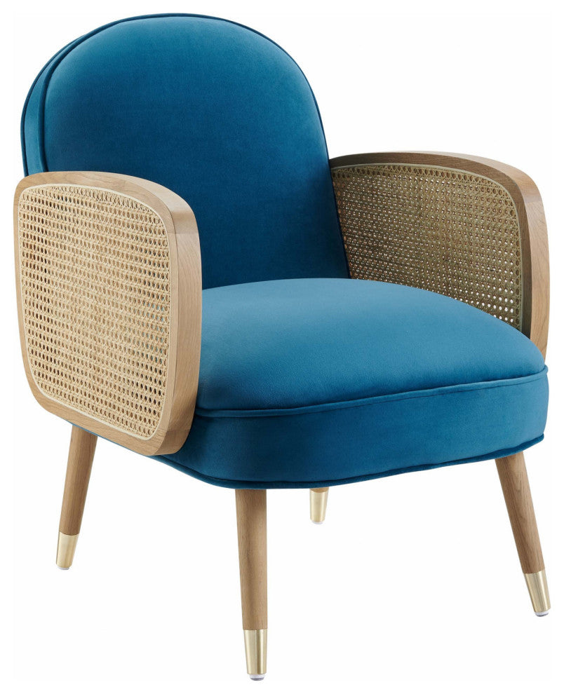 Modern Blue Velvet With Cane Accent Chair
