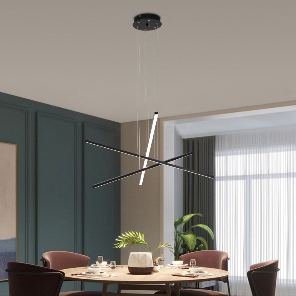 LED Modern Line Pendant Light Dimming, Remote, Aluminum Light, Black, 3 Lights