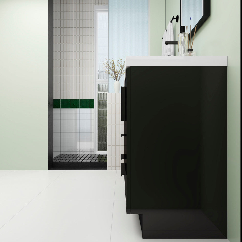Carla 36" Freestanding Bathroom Vanity With Left Side Drawers, Gloss Black