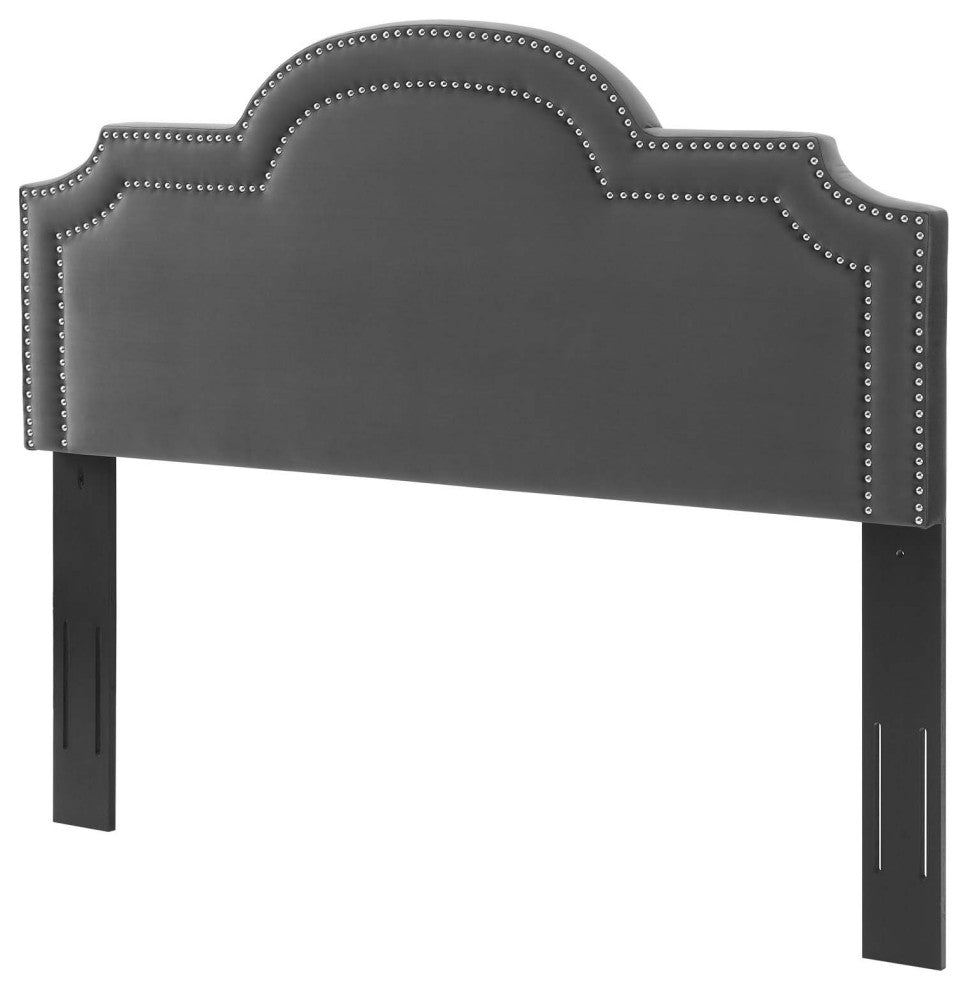Headboard, Nailhead, Twin Size, Charcoal Gray, Velvet, Modern, Mid Century