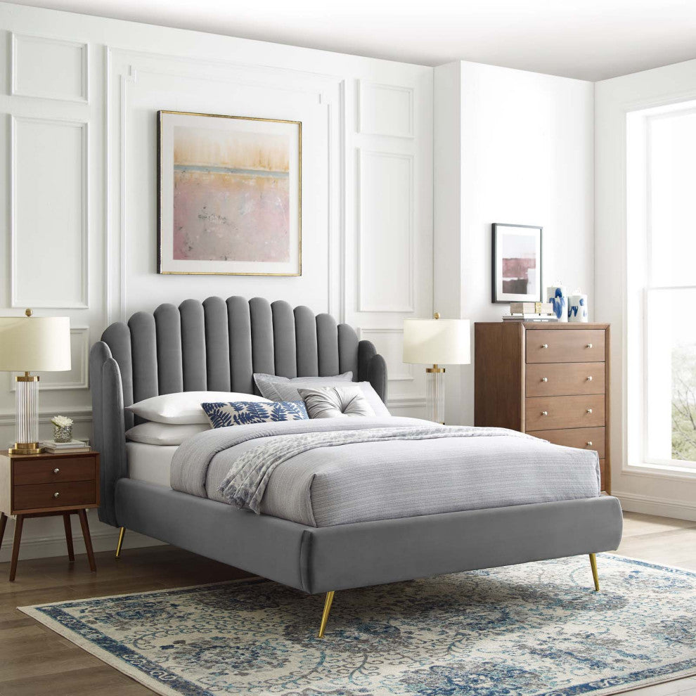 Platform Bed Frame, Queen Size, Velvet, Gray, Modern Contemporary, Bedroom