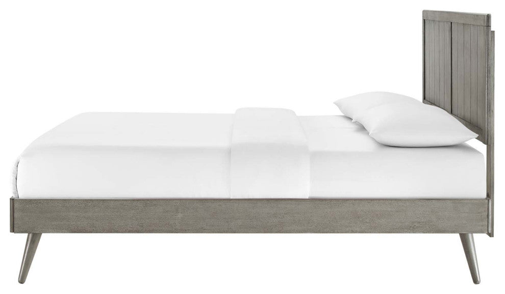 Platform Bed Frame, King Size, Wood, Gray, Modern Mid-Century, Bedroom