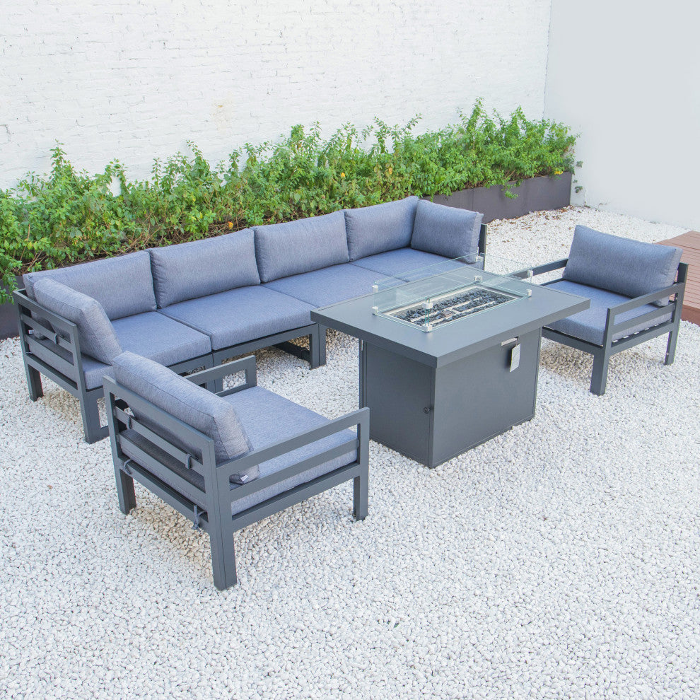 LeisureMod Chelsea 7-Piece Outdoor Sectional With Fire Pit Table, Blue