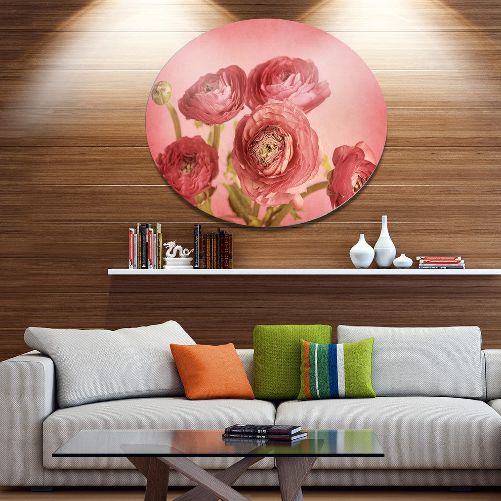 Bunch Of Ranunculus Flowers On Pink, Floral Round Metal Wall Art, 11"